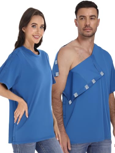 Magnetic Post Surgery Shirt for Men Women Tear Away Clothing Easy One-Handed Dressing Shoulder Surgery IV Access Dialysis 4X-Large Medical Blue