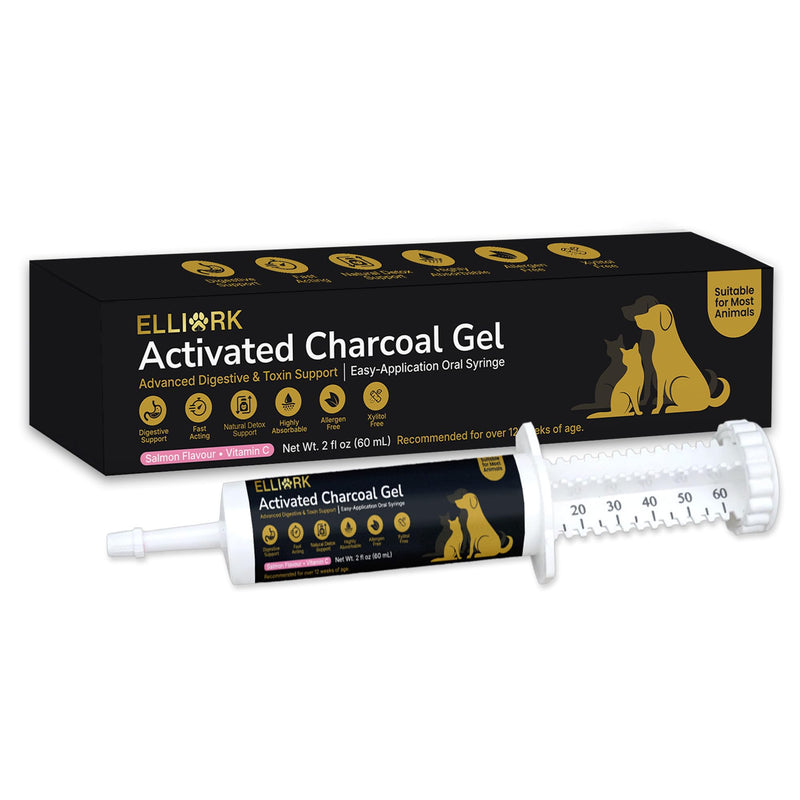 Activated Charcoal Gel for Dogs & Cats – Pet First Aid & Emergency Use, Fast-Acting Digestive & Toxin Support, Salmon Flavored Oral Syringe with Vitamin C, 60mL