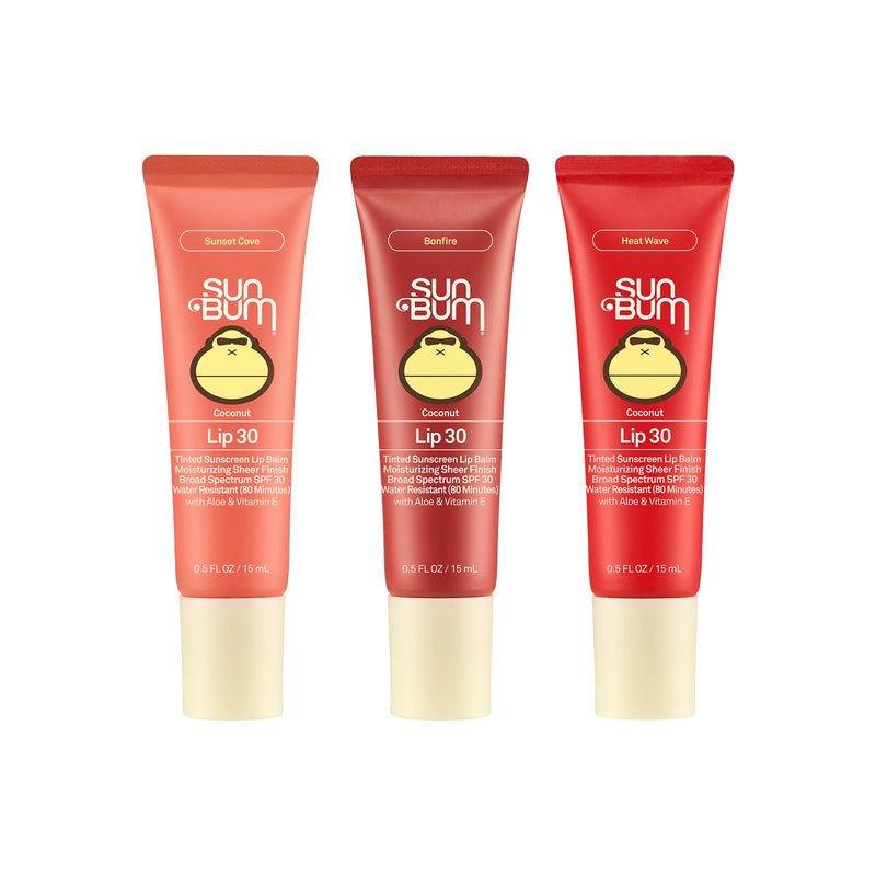 Sun Bum SPF 30 Sunscreen Tinted Lip Balm Multipack - Sunset Cove, Bonfire, and Heat Wave - Coconut Flavor Broad Spectrum Moisturizing with Aloe & Vitamin E - Hawaii 104 Act Compliant - 1.5 oz