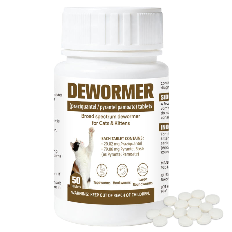 Broad-Spectrum Dewormer for Cats & Kittens, for Tapeworms, Hookworms & Roundworms, 50 Tablets