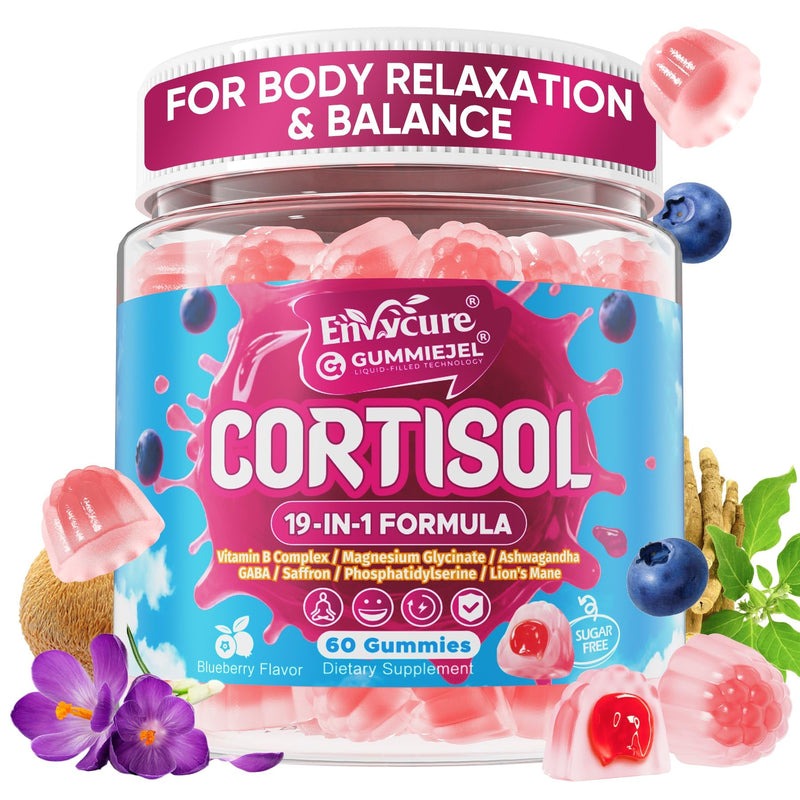 Cortisol Gummies for Women & Men, Magnesium Glycinate, Saffron, Ashwagandha | B Vitamins, Lion's Mane, Reshi, 19-IN-1 High Cortisol Reducer Supplement for Relaxation, Focus & Balance Support, 60 Count 60 Count (Pack of 1)