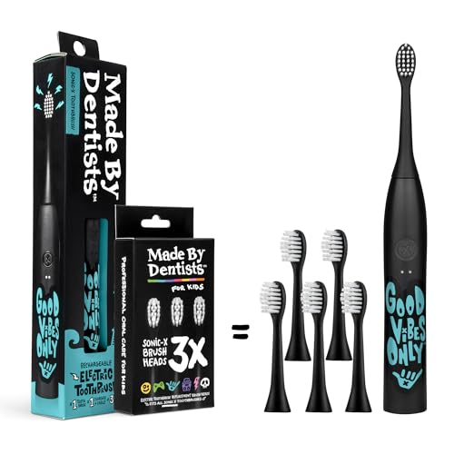 Made by Dentists Sonic X Electric Toothbrush – Rechargeable Kids Sonic Toothbrush, 8X Plaque Removal, 2 Speed Modes, 2-Minute Timer 6 Brush Heads Included, Tweens Ages 7+, Good Vibes Only Edition Black and Blue
