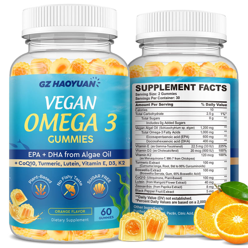 Vegan Omega 3 Gummies 1200mg for Adults Marine Algae Omega 3 Supplement EPA 600mg DHA 400mg, Vitamin D3, K2, No Fish Taste, for Brain, Eye, Immune Health, Sugar Free, 60 Cts Orange 60 Count (Pack of 1)