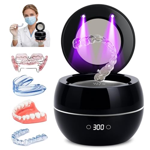 Dental Ultrasonic Retainer Cleaner Machine: 45kHz Dental Cleaning Pod for Denture, Aligner, Mouth Guard, Night Guard, Braces & Jewelry, UV Denture Cleaner with Digital Timer & Dual Mode 250ML Black