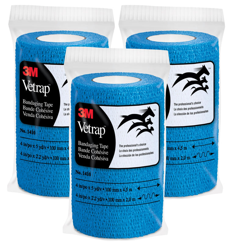 3M Vetrap Bandaging Tape, Blue, 4 in x 5 yd, 3 Pack (3 Rolls), Self-Adherent Cohesive Wrap, Hand-Tear, Latex-Free Hypoallergenic, Sticks to Itself Not Fur - BeesActive Australia