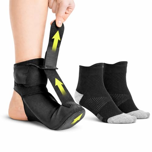 BraceAbility Day and Night Plantar Fasciitis Support Bundle - Compression Socks and Night Splint Sock for Foot Drop, Heel and Achilles Pain (Large)