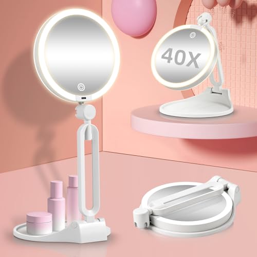 Travel Magnifying Makeup Mirror with Lights, Dual Sided 1X/40X, Foldable 40x-white
