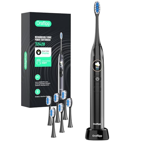 Oralflipp Sonic Electric Toothbrush - Smart LED Display & Visual Pressure Sensor, 40,000 VPM Power Toothbrush with 5 Modes, 6 Brush Heads & Inductive Charging Base, 6 Brush Heads,Black