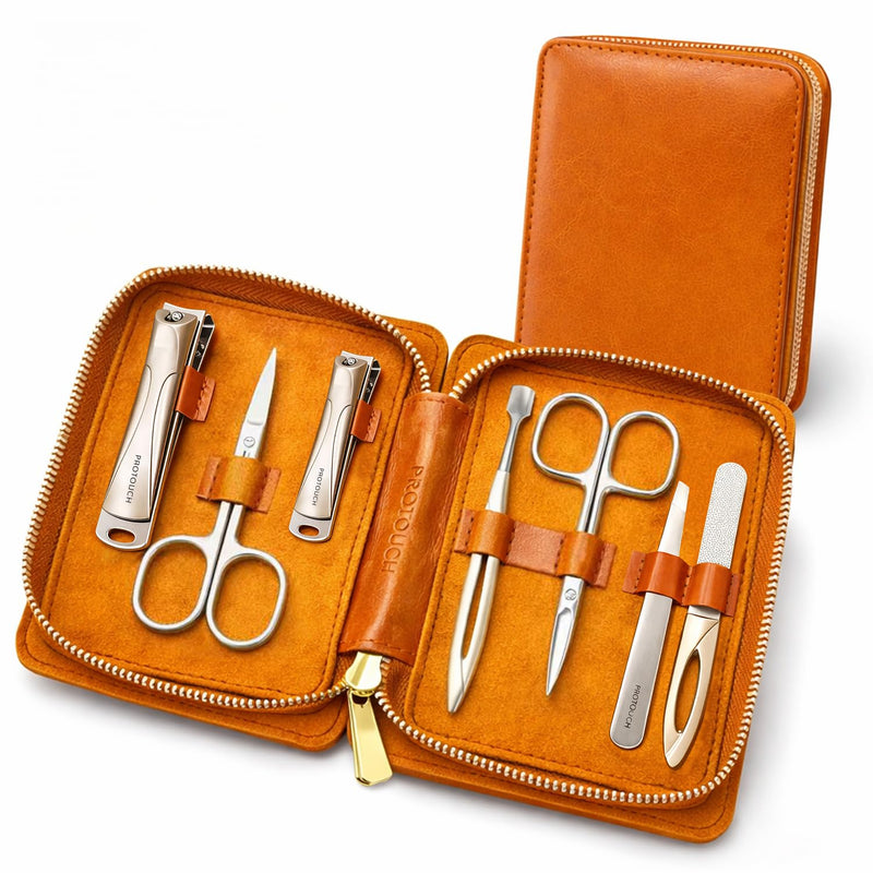 PROTOUCH Professional Nail Kit, Manicure Set for Women & Men, 420 Stainless Steel Nail Clipper Set with Precision Double-Sharpened Blades, Ergonomic Manicure Pedicure Kit with Brown PU Travel Case