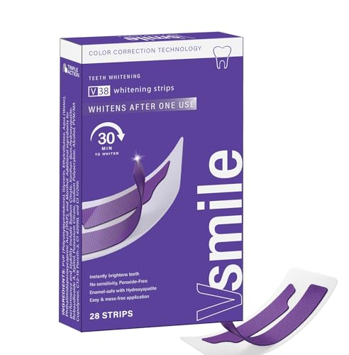 V38 Purple Teeth Whitening Strips, 28 Count Enamel Safe, Peroxide-Free Purple Teeth Whitening Strips for Sensitive Hard Yellow and Brown Tones, Reduces Stains & Smell Pack One
