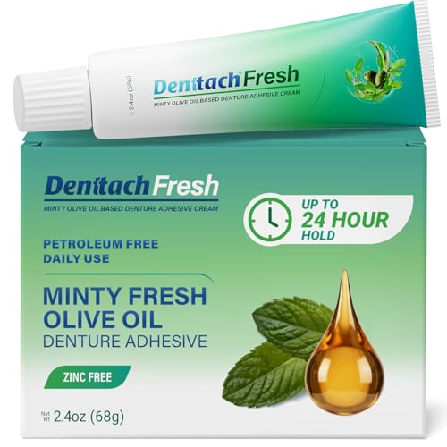 Denttach Fresh Denture Adhesive with Invigorating Mint Flavor, Petroleum Free Olive Oil Based Denture Cream for Full and Partial Dentures, All Day Hold Denture Glue, Zinc Free, 2.4 Ounce 1
