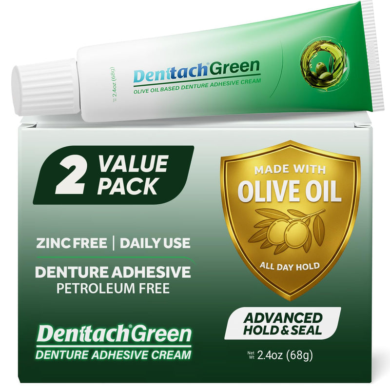 Denttach Green Denture Adhesive, Petroleum Free Olive Oil Based Denture Cream for Full and Partial Dentures, All Day Secure Hold Premium Denture Glue, Zinc Free, 2.4 Ounce