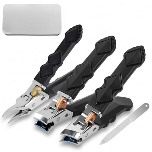 Toenail Clippers for Thick Toenails & Ingrown Nails, Wide Jaw Heavy Duty Nail Clippers with Long Handle for Seniors & Men, Complete 4-Piece Set with Slanted Clippers, Curved Ingrown Nail Nipper & File