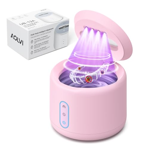 Ultrasonic Retainer Cleaner Machine, IPX6 Waterproof Denture Cleaner, 3 Modes Dental Cleaning Pod with RGB Indicator, 45kHz UV for Mouth Guards, 200ML Tank, Light Pink
