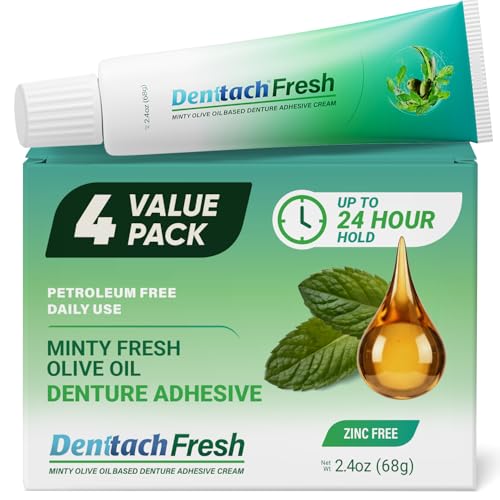 Denttach Fresh Denture Adhesive with Invigorating Mint Flavor, Petroleum Free Olive Oil Based Denture Cream for Full and Partial Dentures, All Day Hold Denture Glue, Zinc Free, 2.4 Ounce 4