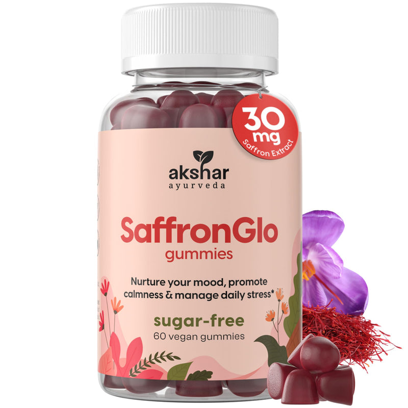 AKSHAR Ayurveda Saffron Gummies, Sugar-Free Vegan Mood & Focus Supplement | Safr'Inside® Extract with Vitamin B6, Supports Calm & Positive Outlook, Hormonal Balance for Women, All Ages, 60 Count 60 Count (Pack of 1)
