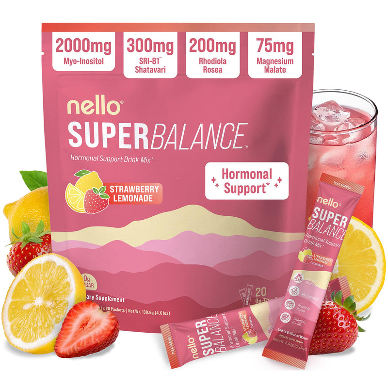 Nello Superbalance Hormonal Support Drink Mix, SRI-81 Shatavari, Myo-Inositol, Rhodiola Rosea, Vitamin C, Magnesium, Theobromine (20 Servings, Strawberry Lemonade) 20 Count (Pack of 1)