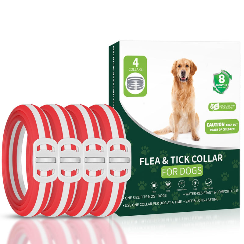 4 Pack Flea Collar for Dogs, Flea and Tick Prevention for Dogs, Dog Flea and Tick Treatment, 32 Months Protection, Waterproof, Adjustable Tick Collar for Dogs, One Size Fits All, Red and White