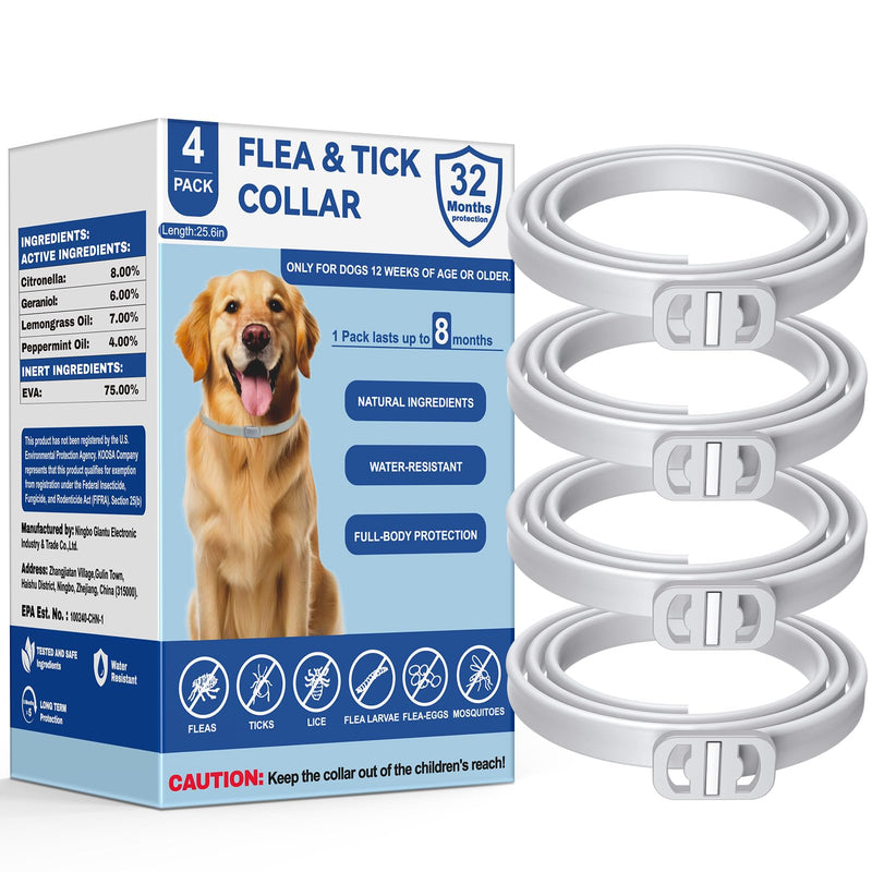 KOOSA Flea and Tick Collar for Dogs, 4 Packs Flea Collar for Dogs with Natural Essential Oils, Waterproof & Adjustable Flea and Tick Prevention Collar for Small Medium Large Dogs & Puppies, Grey 4 Pack