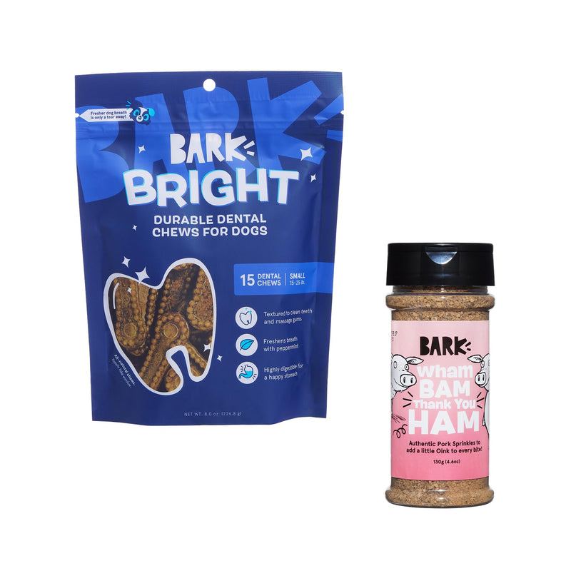 Barkbox Dog Dental & Meal Topper Bundle – Bright Durable Small Breed Dental Chew Sticks (15 Chews) with Pork Shake & Pour Food Topper