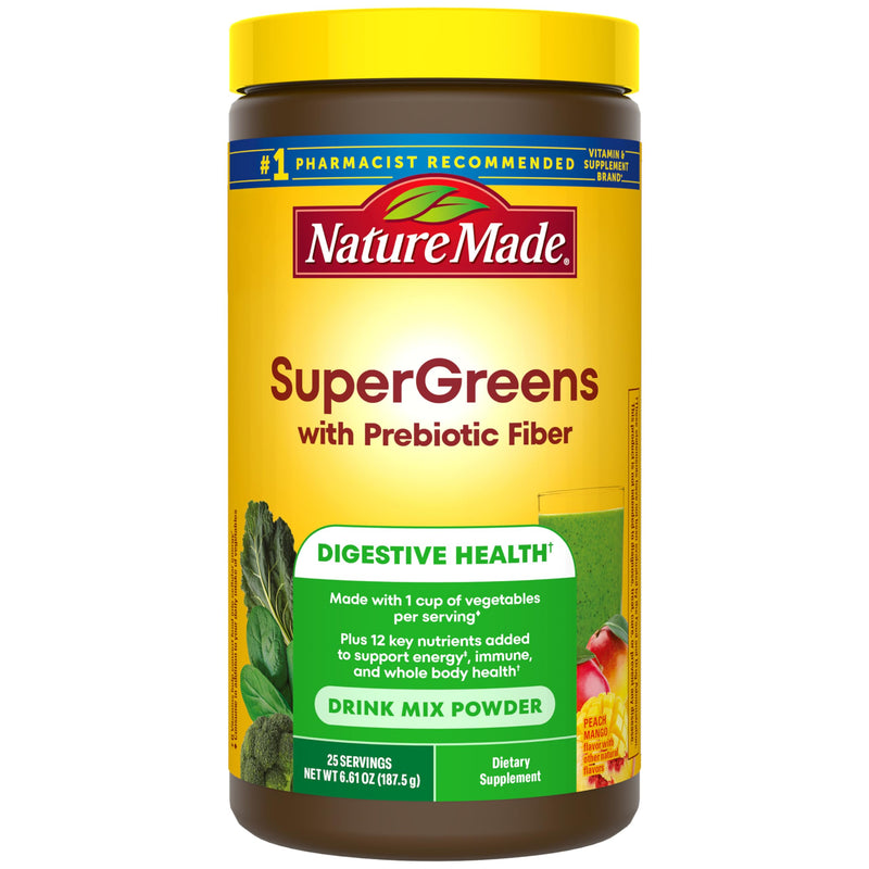 Nature Made Super Greens Powder with Prebiotic Fiber Drink Mix, 6.61 oz | Made with 1 Cup Veggies Per Serving, Fiber Supplement + Vitamins and Minerals, Gluten Free, Peach Mango Flavor, 25 Day Supply