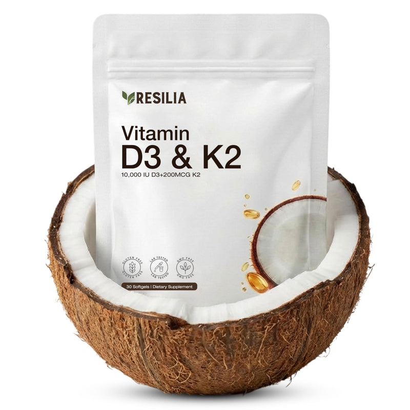 Resilia D3 K2 Vitamin 10000 IU + MK-7 200 mcg – High Potency Softgels with Coconut Oil for Maximum Absorption – Supports Bone Strength, Heart Health & Immune System – (30 Count)