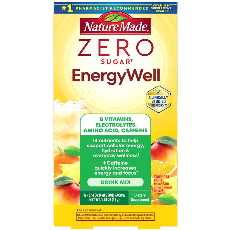 Nature Made Zero Sugar EnergyWell Drink Mix Packets, 12 Count | Caffeine, B Vitamins and Electrolytes Powder, Energy & Hydration Support, 12 Sugar Free Drink Mix Packets, 12 Day Supply