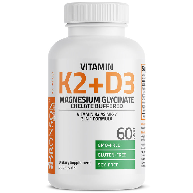 Bronson Vitamin K2+D3 Magnesium Glycinate Supplement, 60 Capsules | 3-in-1 Bone & Heart Health Support Formula, Non-GMO, Gluten Free, Soy Free 60 Count (Pack of 1)