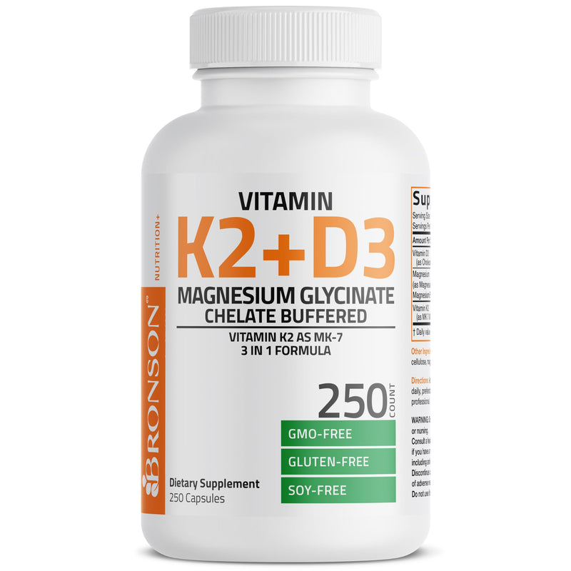 Bronson Vitamin K2 + D3 Magnesium Glycinate, Vitamin K2 as MK-7, 3 in 1 Formula, 250 Capsules 250 Count (Pack of 1)