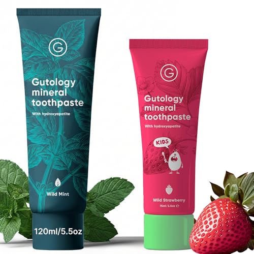Gutology Family Toothpaste Multipack - Adult 5.5oz & Kids 3.5oz Strawberry (Kids) & Wild Mint (Adults)