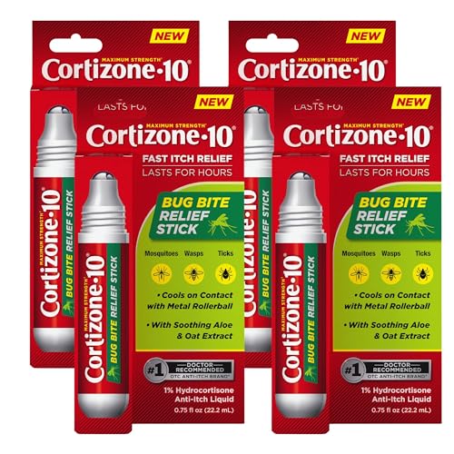 Cortizone-10 Maximum Strength Itch Relief Bug Bite Relief Stick 1% Hydrocortisone, Fast-Acting, Anti-Itch Liquid for Bug Bites, Rash, Eczema, Psoriasis, Poison Ivy, Oak, Sumac, .75 fl. oz, 4 pk