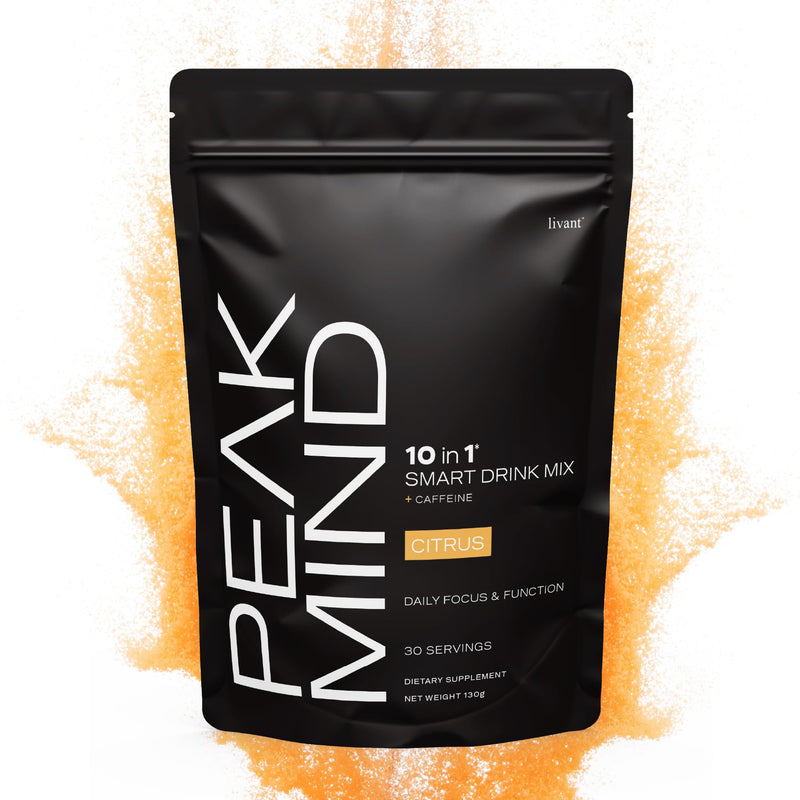 Livant Peak Mind 10-in-1 Nootropic Drink Mix – Focus, Memory & Mental Clarity Support with Cognizin, Lion's Mane & L-Theanine | Low Caffeine (55mg), Sugar-Free, Vegan, 30 Servings, Citrus