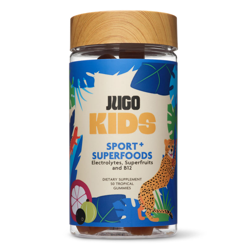 JUGO Kids Sport + SUPERFOODS Electrolyte Gummies for Sports Hydration and Daily Play with Super Fruits, Vitamin B12, and Potassium, Gluten-Free, Non-GMO, Tropical Flavor, 50 Count