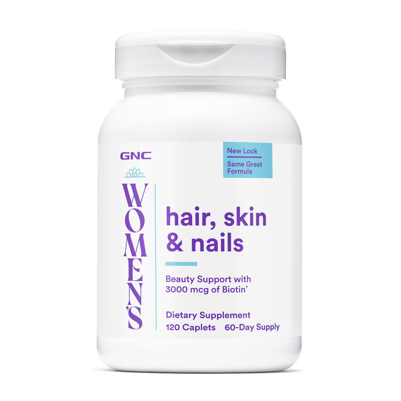 GNC Women's Hair, Skin & Nails, Nutrient Rich, 120 Count, 60 Servings | Vitamin A Supports Skin Cell Renewal, Vitamin C Aids Collagen Synthesis, Biotin Supports Hair and Nail Strength, Gluten-Free