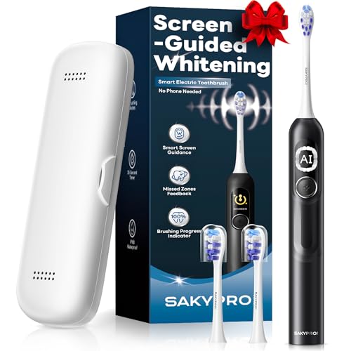 SAKYPRORAL AI Electric Toothbrush for Adults, Sonic Rechargeable Whitening Toothbrush with 6-Zone Tracking, Soft Replacement Heads & Travel Case (Black, 1 Count) Black 1 Count (Pack of 1)