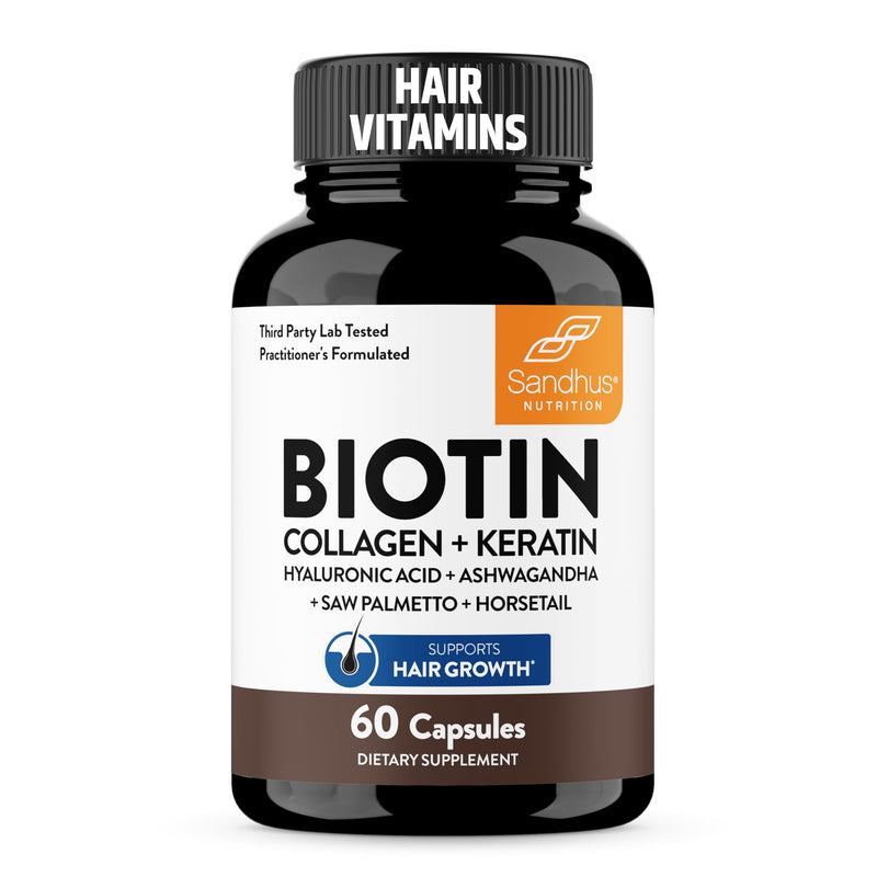 Biotin 6000mcg Collagen Keratin Hair Skin Nails Supplement, 60 Count | Hair Vitamins With Fish Collagen Hydrolyzed Keratin Hyaluronic Acid MSM Bamboo Extract, For Women & Men, USA Made By Sandhus #1 Hair Vitamins 60 Count (Pack of 1)