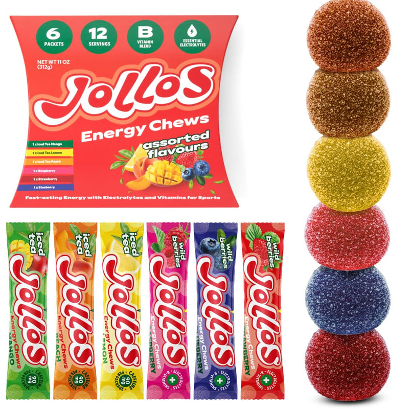 Energy Chews with Electrolytes & B Vitamins - 6 Pack - Multi Flavors | Fast-acting energy with electrolytes & B vitamins. Mixed fruit & iced tea flavors. Vegan, gluten free, no artificial flavors. Peach Lemon Mango Strawberry Raspberry Blueberry