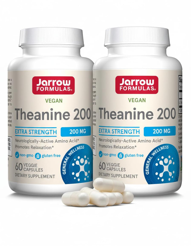 Jarrow Formulas Extra Strength L Theanine 200mg Dietary Supplement that Promotes Relaxation, Supplement for Relaxation Support, 60 Veggie Capsules, 60 Day Supply (Pack of 2) 60 Count (Pack of 2) Theanine 200mg - 2 Pack