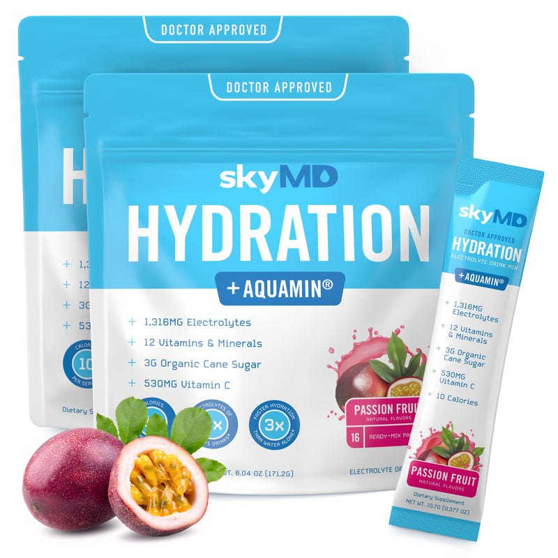 SkyMD Daily Hydration | Electrolytes Powder Packets | Low Sugar, 10 Calories | 12 Vitamins & Minerals, Sodium | Drink Mix for Energy and Recovery | Passion Fruit | 32 Sticks 32 Count