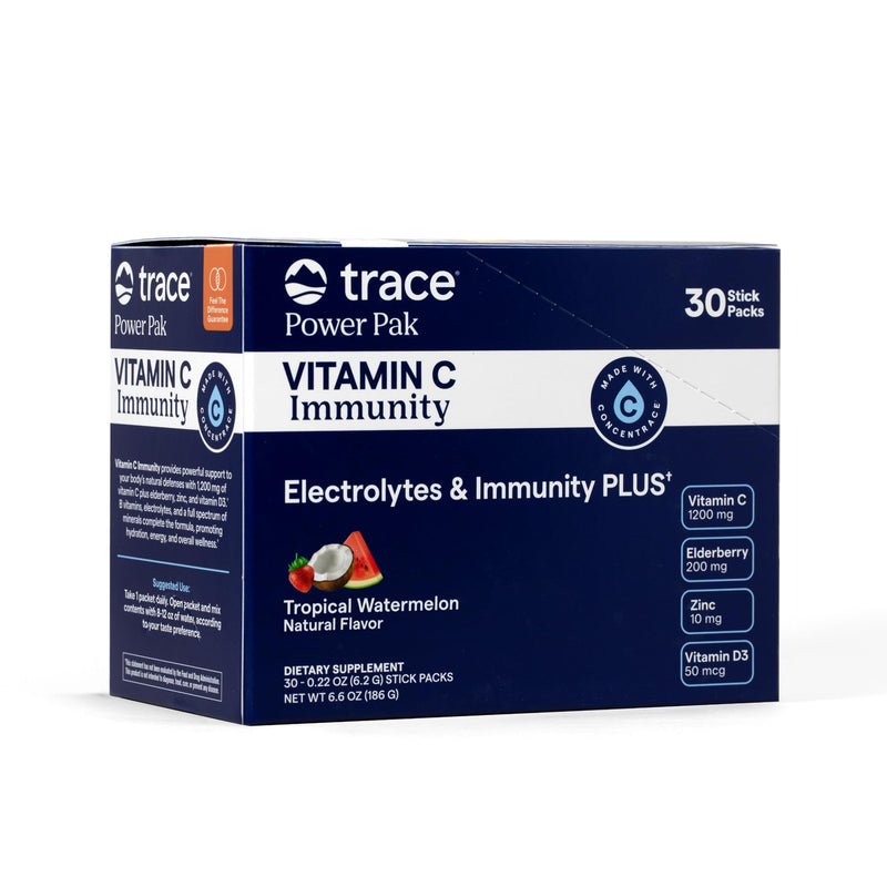 Trace Minerals Power Pak Energy Drink Mix, Tropical Watermelon, 30 Ct | 1,200 mg vitamin C with zinc and magnesium. Promotes immunity, energy, and hydration. No artificial dyes. Stick Packs