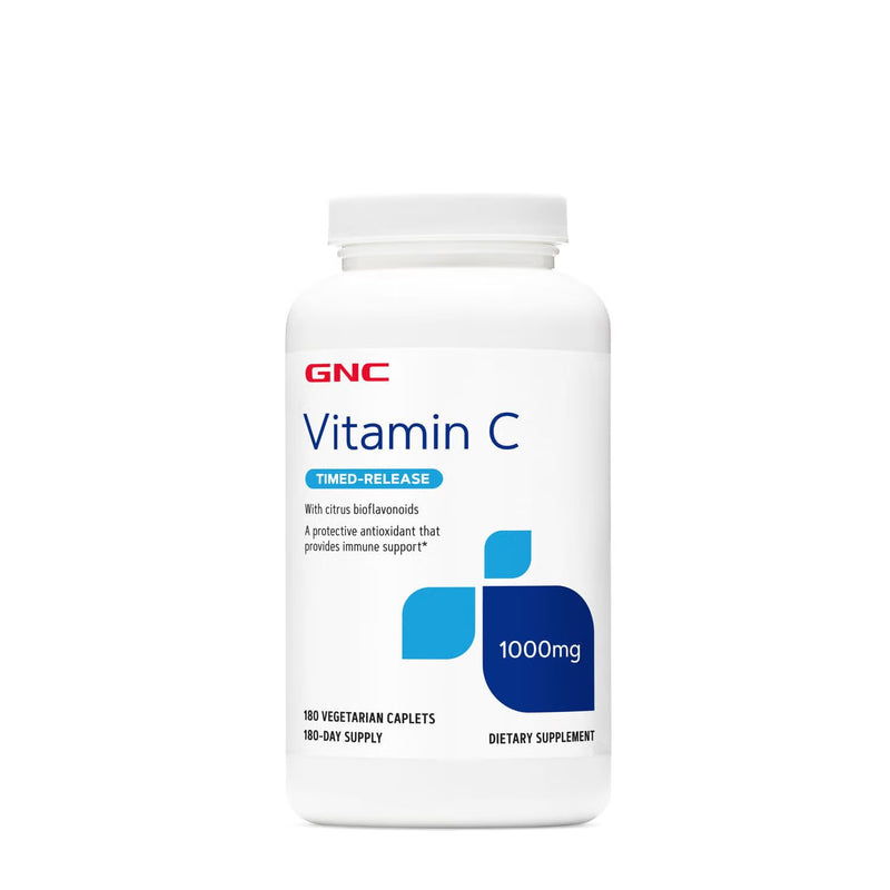 GNC Vitamin C Timed-Release 1000mg, Vegetarian & Dairy-Free, 180 Servings | Contains Ascorbic Acid and Citrus Bioflavonoids, Protective Antioxidant for Healthy Bones, Teeth, Blood Vessels, and Collagen
