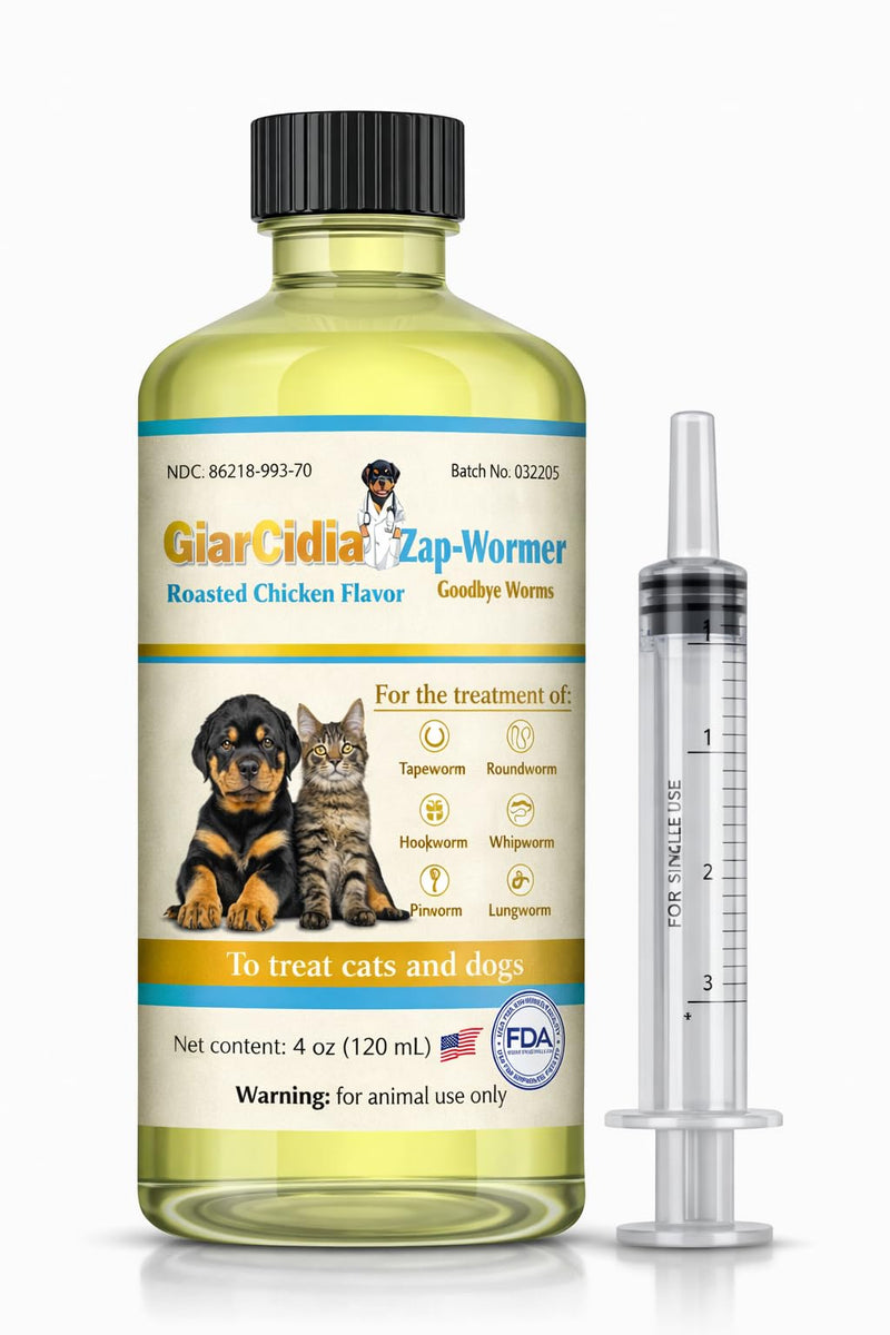 No More Worms in Cats and Dogs- Dewormer for Cats and Dewormer for Dogs - Chicken and Milk Flavours 120 mL / 4 oz Glass Bottle – Includes 3 mL Dropper with Cap (Chicken Flavor) Chicken Flavor