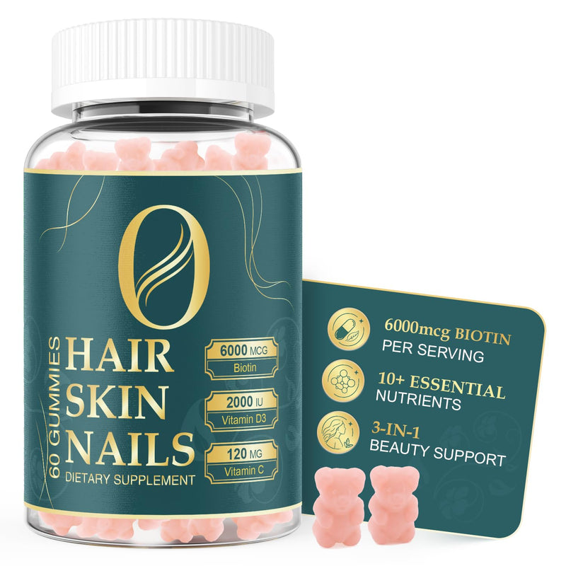 Hair Skin and Nails Gummies with 6000mcg Biotin for Women & Men, 60 Count | Vegan, Beauty Supplement for Healthy Hair, Glowing Skin & Stronger Nails, Daily Vitamins