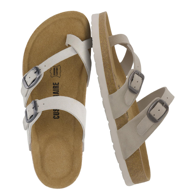 CUSHIONAIRE Lucky 100% Genuine Leather Suede Womens Sandals, Comfortable Cork Footbed Slides for Women with Adjustable Buckles 10 Stone