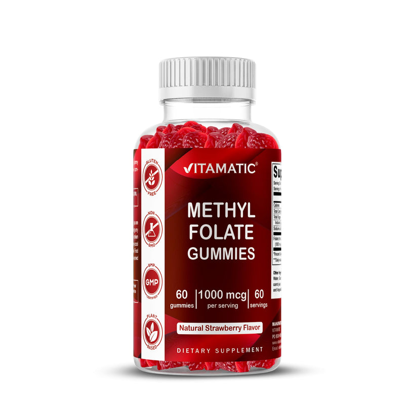 Vitamatic Methylfolate Gummies 1000 mcg – Active 5-MTHF Form – Natural Strawberry Flavor – Vegan, Non-GMO, Gluten Free – 60 Gummies