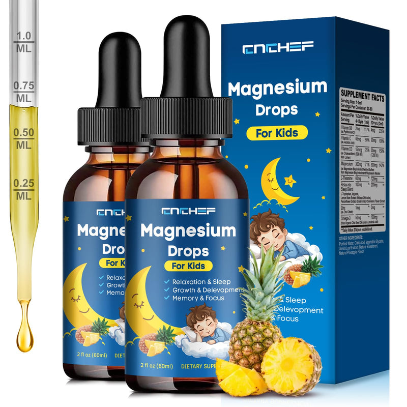 2PCS Magnesium Drops - Magnesium Glycinate Liquid Drops for Kids - Calm, Sleep, Relaxation, Bones, Brain Support with Vitamin B6, C, D3, Omega-3, L-Theanine, Zinc, Multivitamins - Pineapple Flavor
