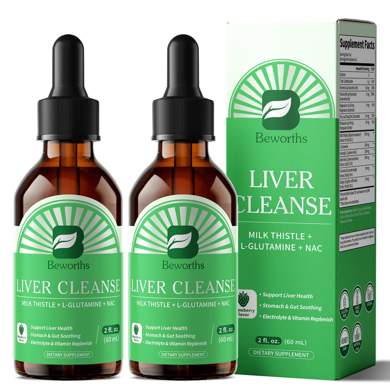 Liver Cleanse Detox & Repair Liquid Drops - Liver Support, Vegan, 4 Fl Oz | Liver Support Liquid Drops with Milk Thistle, L-Glutamine & NAC, Stomach & Gut Soothing, Electrolyte & Vitamin Replenish 2 Fl Oz (Pack of 2)