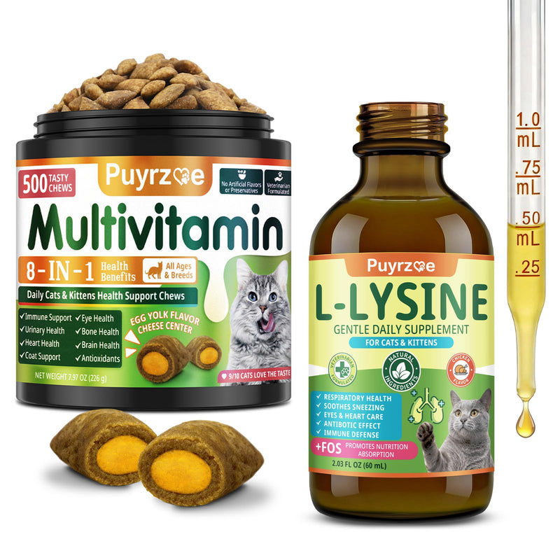 Puyrzoe Lysine for Cats Drops + Cat Vitamins Chews – Respiratory & Immune Support + 8-in-1 Daily Nutrition – Liquid Lysine 60ml + 500 Multivitamin Chews with Taurine, Vitamins & Minerals