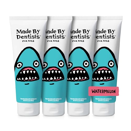 Made by Dentists Kids Fluoride Toothpaste 4-Pack - Anticavity Watermelon Children's Toothpaste, SLS-Free, Enamel Safe, Natural Flavors, Vegan & Cruelty-Free, Toddler & Kids Ages 2+, Shark