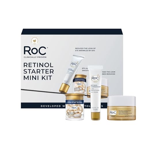 RoC Clinical Mini Retinol Anti-Aging Skincare Routine Kit with Line Smoothing Eye Cream, Serum Capsules, and Max Hydration Face Cream for Wrinkles and Dark Circles